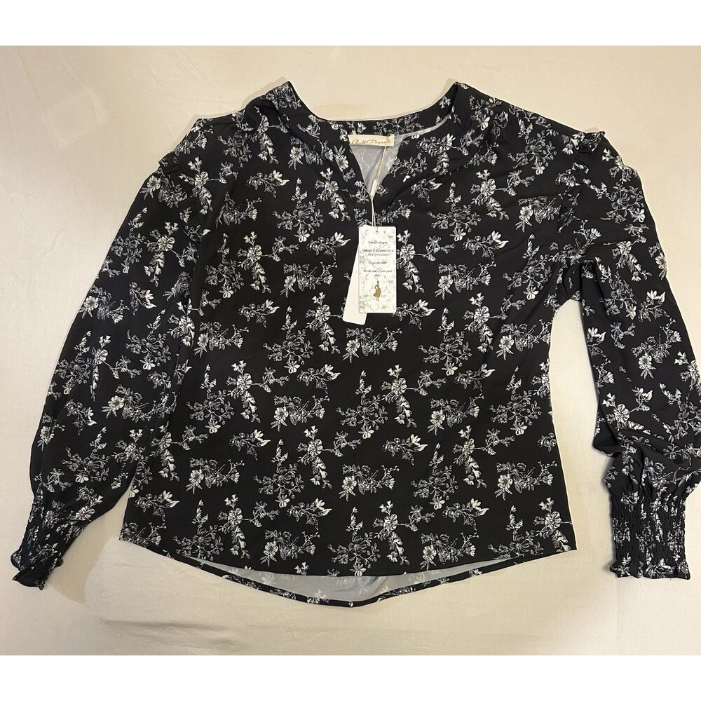 Belle Poque Black Floral Print Blouse 3/4 Inch Sleeves Size M NWT